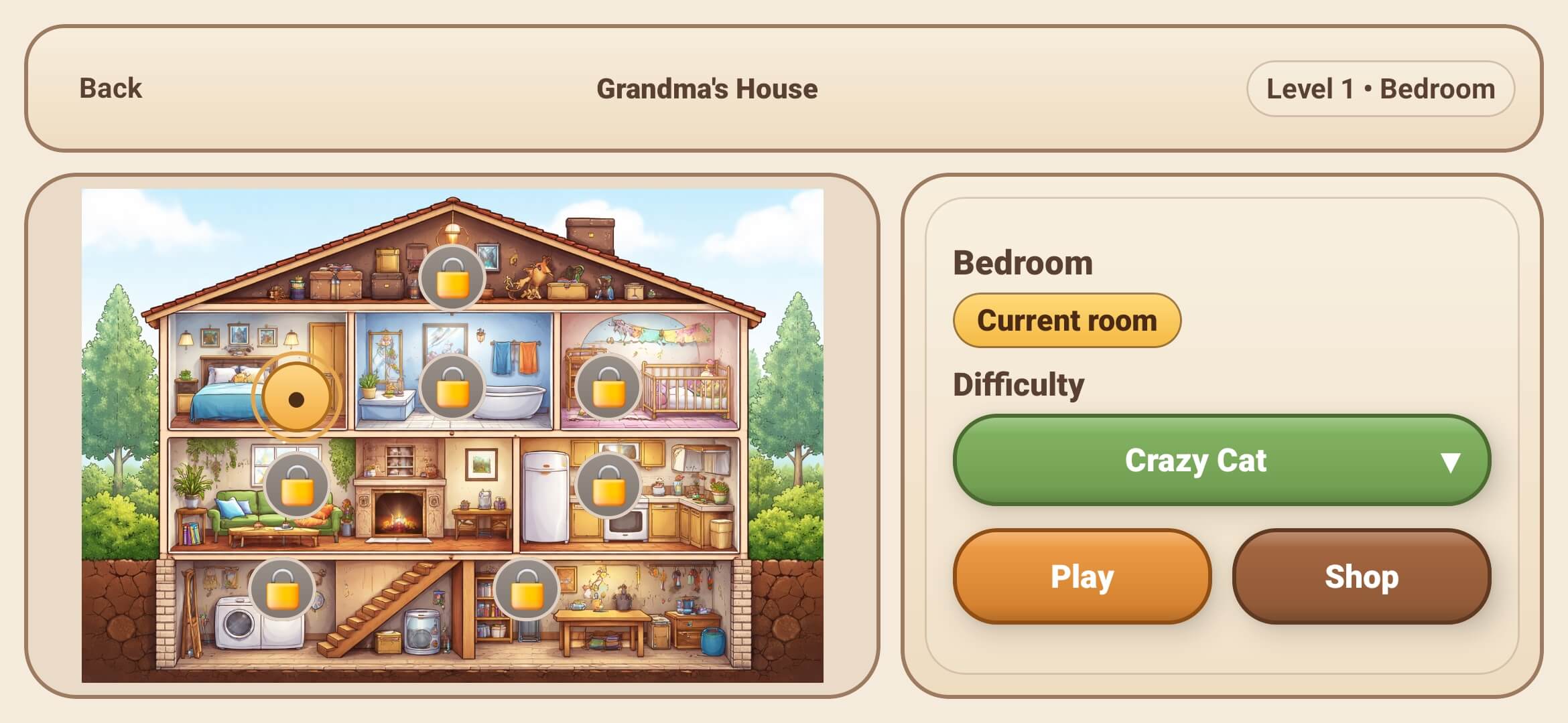 Crazy Caturday room selection screen showing Grandma's house.