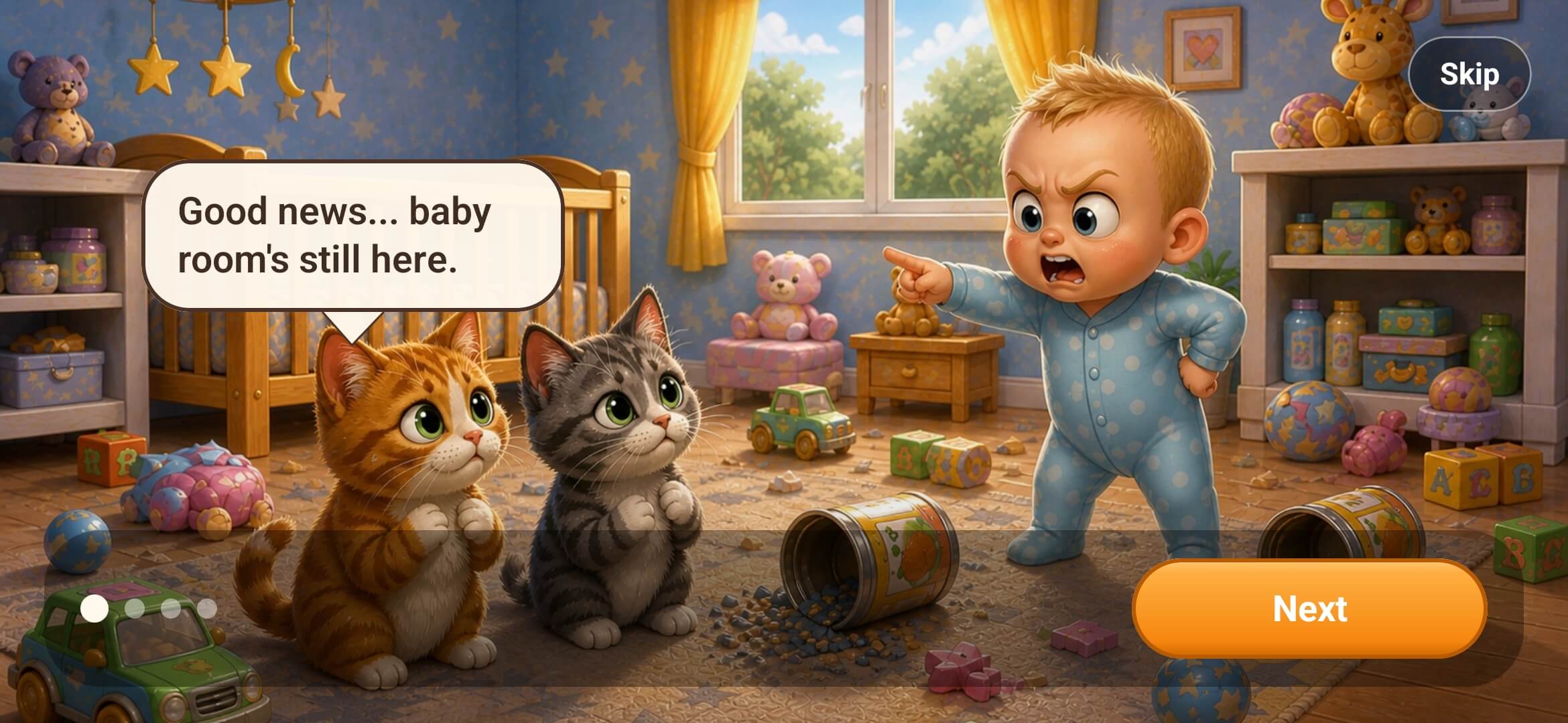 Crazy Caturday storyboard scene in the baby room.