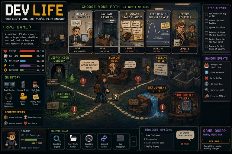 Dev Life concept art showing a satirical RPG interface about software deadlines, burnout, bugs, and office politics.