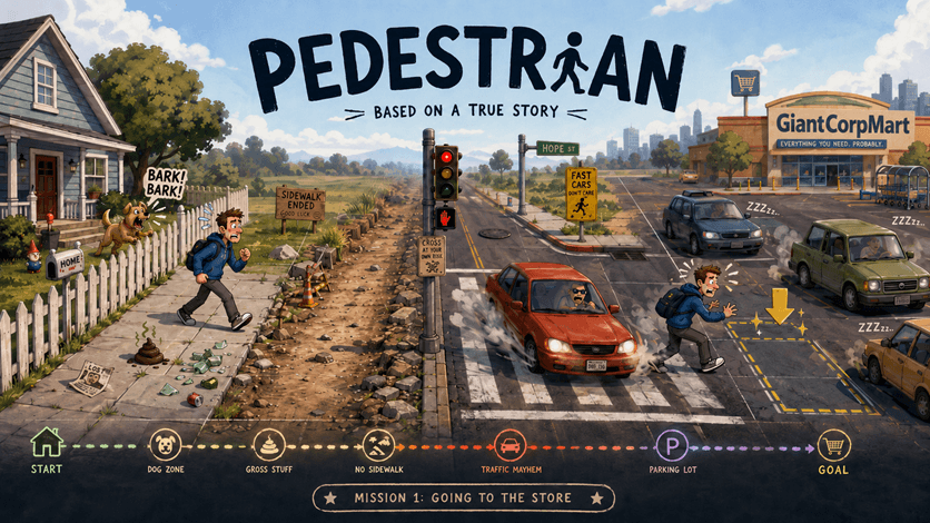Pedestrian concept art showing a walk to the store across sidewalks, traffic, dogs, and parking lots.