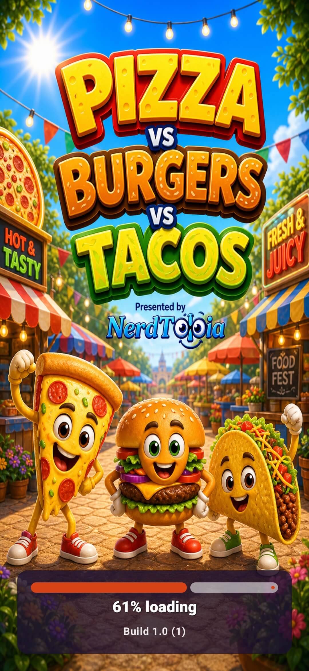Pizza vs. Burgers vs. Tacos loading screen.