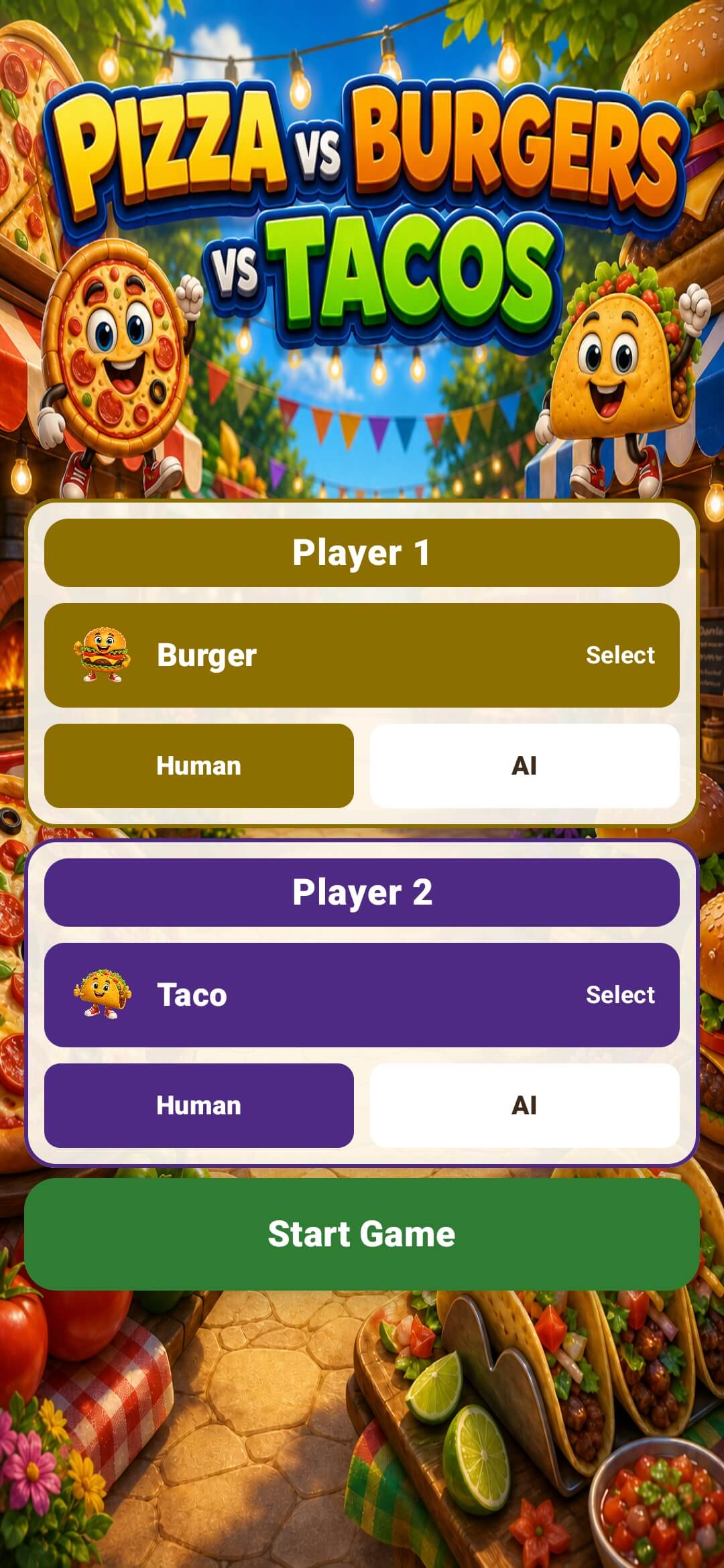 Pizza vs. Burgers vs. Tacos player selection screen.